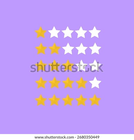 star rating system from one star to five stars on purple background. Concept of customer review, feedback, rating, quality evaluation, service performance, and ranking.