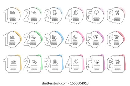 Star rating, Upper arrows and Yummy smile line icons set. Infographic timeline. Seo shopping, Dots message and Night weather signs. Phone feedback, Growth infochart, Comic heart. Analytics. Vector