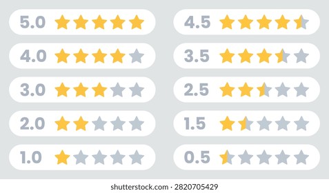 Star rating vector collection featuring review score bars with multiple evaluation levels isolated on white background for customer feedback ecommerce surveys applications and quality assessment systems.