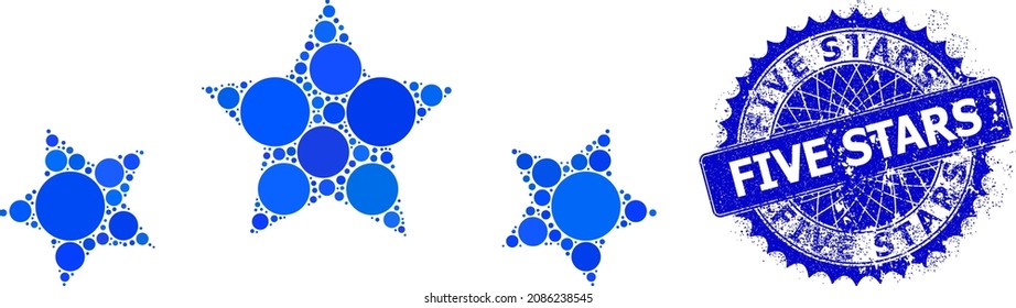 Star rating vector composition of round dots in various sizes and blue color hues, and scratched Five Stars stamp seal. Blue round sharp rosette stamp seal contains Five Stars caption inside it.