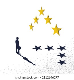 Diseño plano de ilustración vectorial de clasificación de estrellas. Concepto de retroalimentación. Sistema de evaluación. Revisión positiva.  Aislado en segundo plano. Trabajo de calidad. El hombre de negocios pone cinco estrellas.