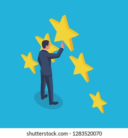Star rating vector illustration isometric design. Feedback concept. Evaluation system. Positive review.  Isolated on white background. Quality work. Businessman puts five stars.