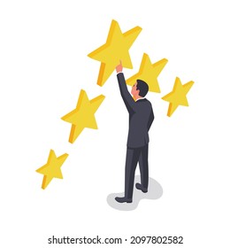 Star rating vector illustration isometric design. Feedback concept. Evaluation system. Positive review.  Isolated on white background. Quality work. Businessman puts five stars.