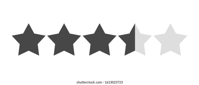Star rating vector isolated. Black star shape. Quality of service measurement. Ranking system, review symbol. Rate button symbol. Evaluation in internet. 3 and half stars of 5.