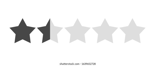 Star rating vector isolated. Black star shape. Quality of service measurement. Ranking system, review symbol. Rate button symbol. Evaluation in internet. 1 and half stars of 5.