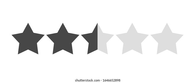 Star rating vector isolated. Black star shape. Quality of service measurement. Ranking system, review symbol. Rate button symbol. Evaluation in internet. 2 and half stars of 5.