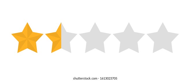 Star rating vector isolated. Golden star shape. Quality of service measurement. Ranking system, review symbol. Classification and statistics. Rate button symbol. Evaluation in internet. 2 stars of 5.
