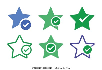 Star Rating and Verification Icons Set – Stars with Check Marks for Approval, Verified Status, and Quality Assurance Vector icon in green and blue color.