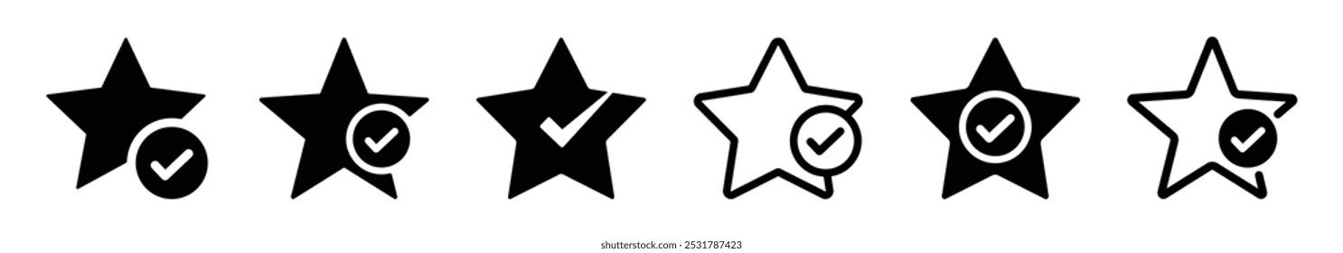 Star Rating and Verification Icons Set – Stars with Check Marks for Approval, Verified Status, and Quality Assurance. Star with checkmark verified symbol icon set in black color vector illustration