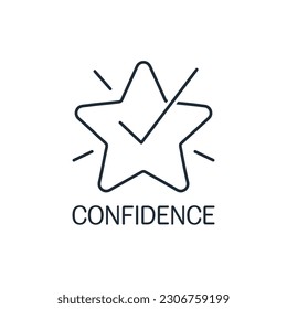 Star in the rays and a check mark. Confidence.  Vector linear icon isolated on white background.