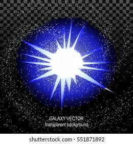 Star with rays white blue in space isolated and effect tunnel spiral galaxies, nebulae, cosmos on transparent black background vector