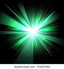 Star with rays white green in space isolated and effect tunnel spiral galaxies, nebulae, cosmos on black background vector