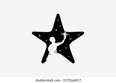 Stern erreicht Logo-Design mit kreativem Konzept, Silhouette von Person erreicht Stern mit nächtlichem Hintergrund in Sternsymbol