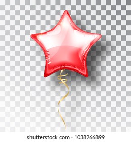 Star red balloon on transparent background. Party helium balloons event design decoration. Balloons isolated air. Mockup for balloon print. Stocking Christmas decorations. Vector isolated object.
