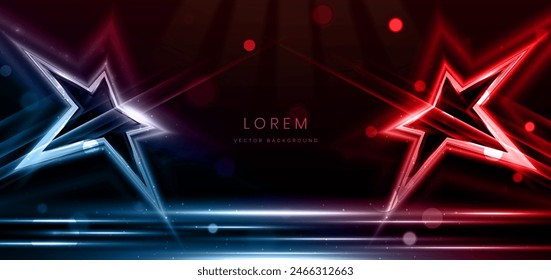 Estrella de luz roja y azul sobre fondo negro con efecto de iluminación y brillo. Diseño de premios de celebración de Plantilla de lujo. Ilustración vectorial