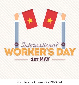 Star in Red Flags Hold Hands, 1 May Worker's Day 