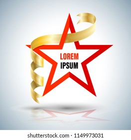 Star red with gold ribbon. Vector illustration for business advertising element and event holiday.