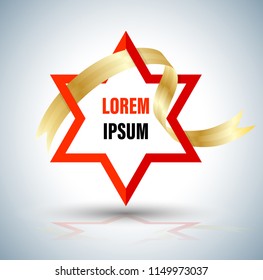 Star red with gold ribbon. Vector illustration for business advertising element and event holiday.