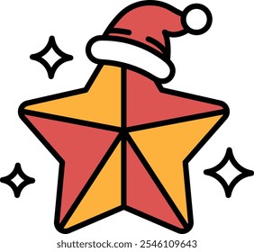 Uma estrela com um chapéu vermelho em cima. A estrela está cercada por muitas estrelas