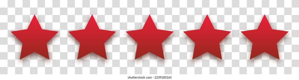 Icono rojo estrella en fondo transparente. Concepto de comentarios de clientes. Revisión de la clasificación de 5 estrellas del vector. Diseño de formas de calidad. El amarillo vector aisló cinco estrellas.
