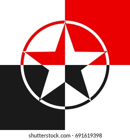 The star is red, white and black in a circle on a white, black and red background. Set. Vector.
