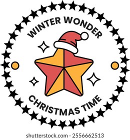 A star with a red and yellow center and a red hat on top. The star is surrounded by stars. The image is titled Winter Wonder Christmas Time