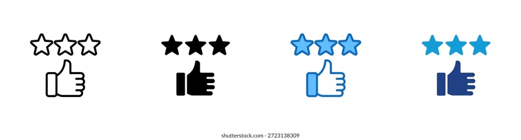 Vector de diseño de íconos de estilo múltiple: tres estrellas emparejadas con un pulgar hacia arriba, que representan una revisión positiva, Aprobación y alta satisfacción del usuario