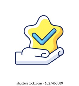 Star review RGB color icon. Customer service satisfaction. Client feedback. Vote for best. Quality check. Tick mark. Positive assessment. Approve business. Isolated vector illustration