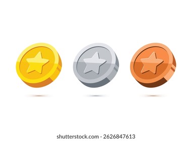 Star Reward Coin Icon Vector Set. Golden, silver, bronze coins with star. 
 Favorite, Rating, Ranking. Perfect for game UI design, Perfect for game design, app UI. Modern Clean 3d style illustration.