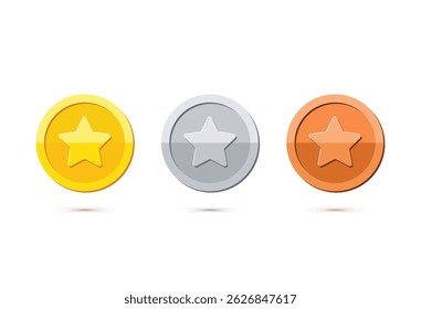 Star Reward Coin Icon Vector Set. Golden, silver, bronze coins with star. 
 Favorite, Rating, Ranking. Perfect for game UI design, Perfect for game design, app UI. Modern Clean 3d style illustration.