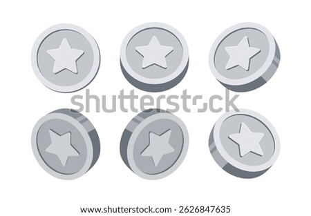Star Reward Coin Icon Vector Set. Silver coins with star. 
 Favorite, Rating, Ranking. Perfect for game UI design, Perfect for game design, app UI. Modern Clean 3d style illustration.