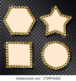 Star, rhombus and round shaped frames set with small light bulbs. Bright mirror or background element. Golden illuminated neon decoration. Retro style vector