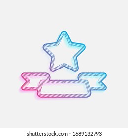 Star with ribbon, best quality, outline design. Technology logo with diagonal lines and colored gradient. Neon graphic, light effect. Blue and red colors