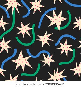 Patrón sin fisuras de estrella y cinta. Impresiones extravagantes adorables y modernas con estrellas blancas, puntos rosas y líneas curvadas de azul verde. Moderno fondo vectorial abstracto de moda con cielo estrellado nocturno.