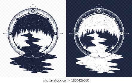 Star river flows from the compass tattoo art. Travel symbol and tourism. T-shirt design, surreal outdoor concept. Black and white vector graphics 