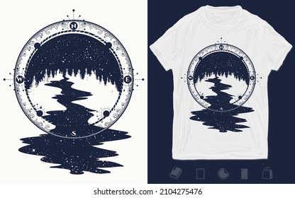 Star river flows from the compass tattoo art. Travel symbol and tourism. T-shirt design, surreal outdoor concept. Vector graphics template. Hand drawn illustration 