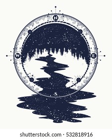 Star river flows from the compass tattoo art, travel symbol, tourism. Antique compass and stellar river t-shirt design, surreal graphics 