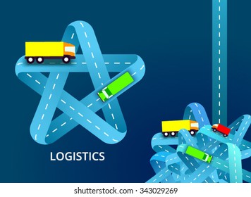 Star of the road vector illustration. Vector illustration with blue star of logistics. Freight and logistic technologies, winding roads.