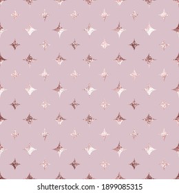Star. Rose gold foil. Pink seamless pattern stars. Golden roses sparkle star foil. Glitter pattern. Elegant bling marble texture. Delicate background stars. Tender design for gift wrappers. Vector
