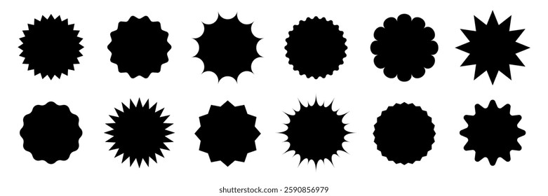 Star round sticker tag icon shape pack. Circle starburst label shape for promo, sale, price offer badge sticker. Round tag shape vector icon. Sale, promo label color design. Vector illustration