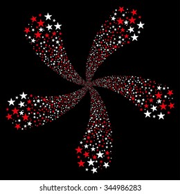 Star Salute Flower With Five Petals vector illustration. Style is red and white bicolor flat stars, black background.