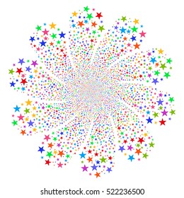 Star Salute Flower With Ten Petals vector illustration. Style is bright multicolored flat stars, white background.