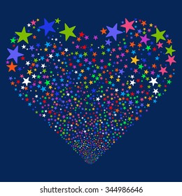 Star Salute Heart vector illustration. Style is bright multicolored flat stars, blue background.