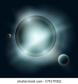 Star with Satellites, Sun with Planets in Space, Blue Light of Stars in Universe, Abstract Background, Vector Illustration  