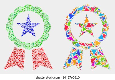 Star seal mosaic icon of triangle items which have different sizes and shapes and colors. Geometric abstract vector illustration of star seal.