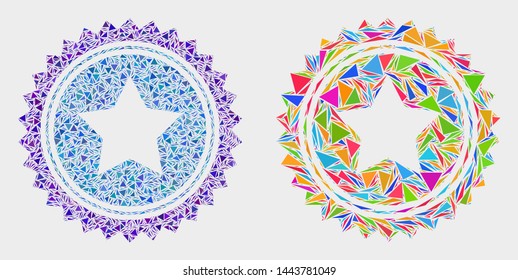 Star seal stamp collage icon of triangle elements which have different sizes and shapes and colors. Geometric abstract vector illustration of star seal stamp.