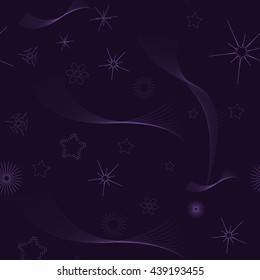 star seamless abstract design on the dark background. Vector illustration, composition is colored in shades of violet. The Universe, The Galaxy. Suitable for textile, fabric, packaging and web design.