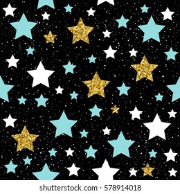 Star seamless background. Gold, blue and white star. Abstract childish star pattern for christmas card, new year invitation, wedding album, book, scrapbook, textile fabric, garment, t-shirt. 