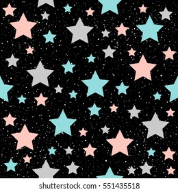 Star seamless background. Grey, blue and pink star. Abstract childish star pattern for christmas card, new year invitation, poster, book cover, scrapbook, textile fabric, garment. 