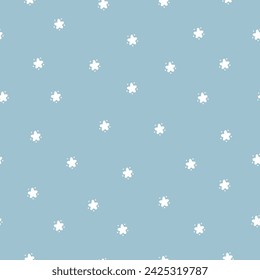 Star Seamless Cute White Blue Pattern. Vector Starry Sky Background. Festive Stars Wallpaper. Holiday and Birthday Party Design.